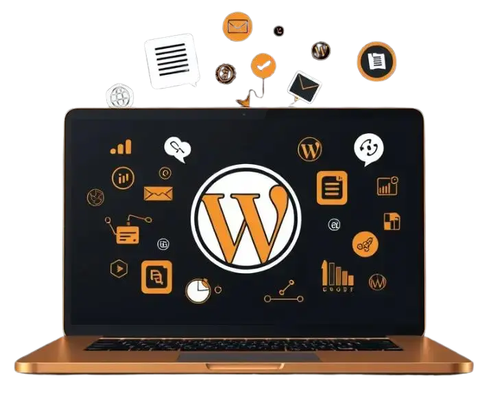 Imagen digital de una laptop con el logo de WordPress en pantalla y diferentes iconos de marketing digital